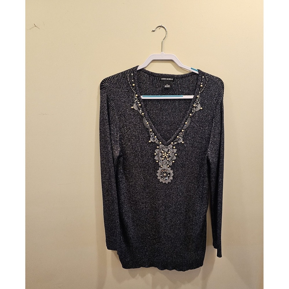 Women's Lauren Michelle Pull Over Sweater Black Metallic Beaded Long-Sleeve XL